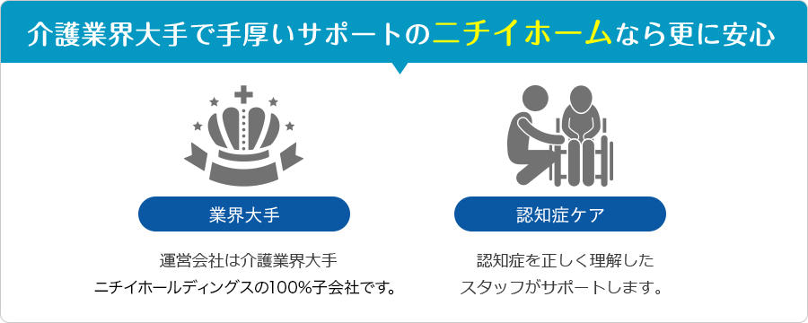 介護業界大手で手厚いサポートのニチイホームなら更に安心[業界大手]運営会社は介護業界大手（株）ニチイホールディングスの100%子会社です。[認知症ケア]認知症を正しく理解したスタッフがサポートします。